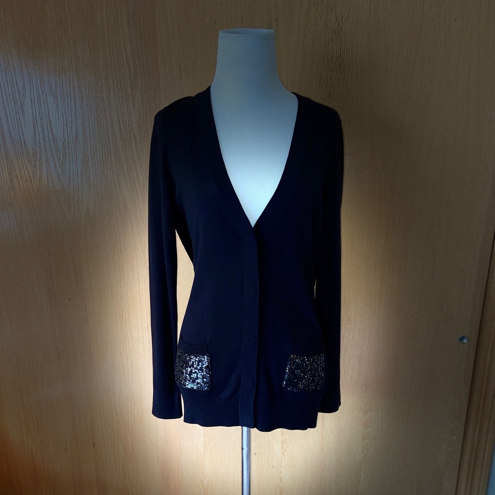 NWT-Talbots Black V-Neck Cardigan with Sequined Pockets